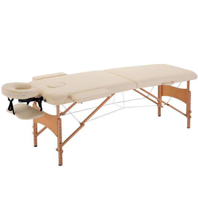 Adjustable folding massage table, wood, artificial leather, cream