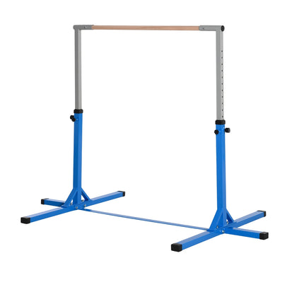Hoge stang, in hoogte verstelbare turnstang, 13 niveaus, belastbaar tot 75 kg, gemaakt van staal en beukenhout in blauw voor gymnastiek en training