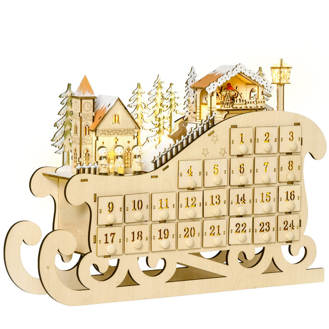 Advent calendar with 24 LED-illuminated boxes, Sled-shaped
