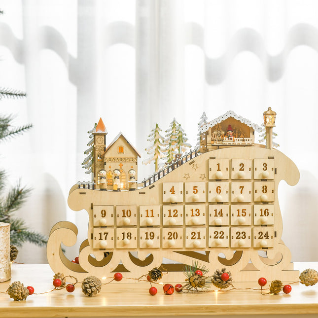 Advent calendar with 24 LED-illuminated boxes, Sled-shaped