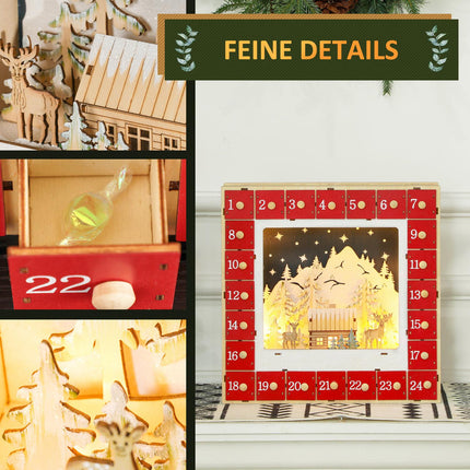 Christmas advent calendar with LED lights, 24 DIY compartments