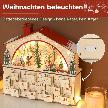 Advent Calendar with 24 Drawers, LED Lights, Wood, 36x10x34 cm