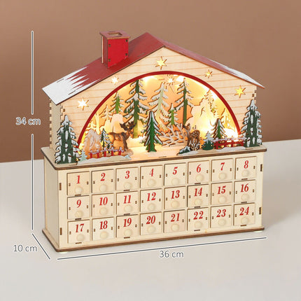 Advent Calendar with 24 Drawers, LED Lights, Wood, 36x10x34 cm
