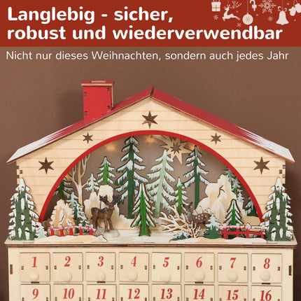 Advent Calendar with 24 Drawers, LED Lights, Wood, 36x10x34 cm