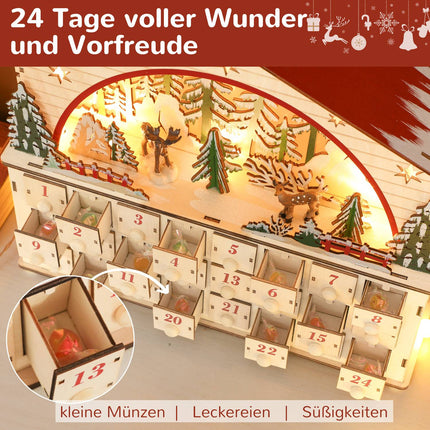 Advent Calendar with 24 Drawers, LED Lights, Wood, 36x10x34 cm