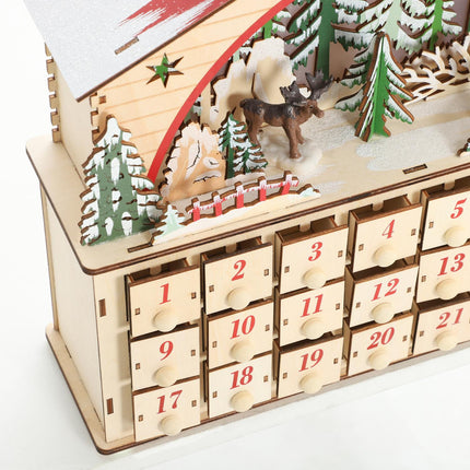 Advent Calendar with 24 Drawers, LED Lights, Wood, 36x10x34 cm