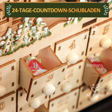 Adventskalender om te vullen 24 ladevakken Kerstkalender met LED-verlichting Adventskalenderdoos Kerstdecoratie DIY MDF natuurlijk hout 45 x 9 x 42,5 cm
