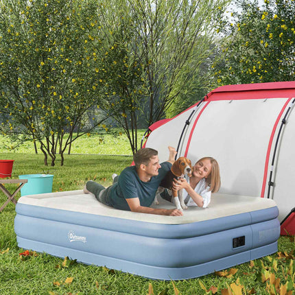 Double air mattress for camping with pillow & pump, light blue
