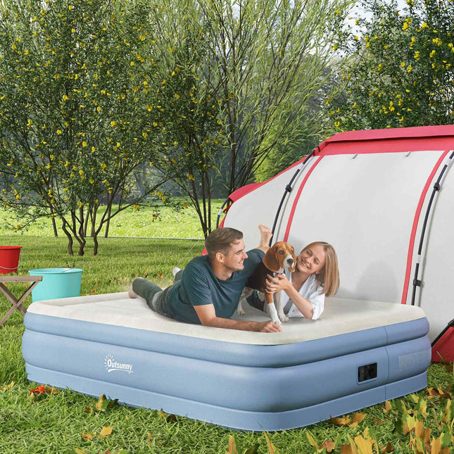 Double air mattress for camping with pillow & pump, light blue