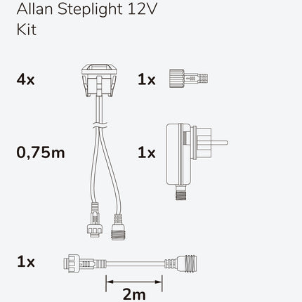 Allan Steplight kit 4-pack incl power adapter 12V 3000K 5lm IP67