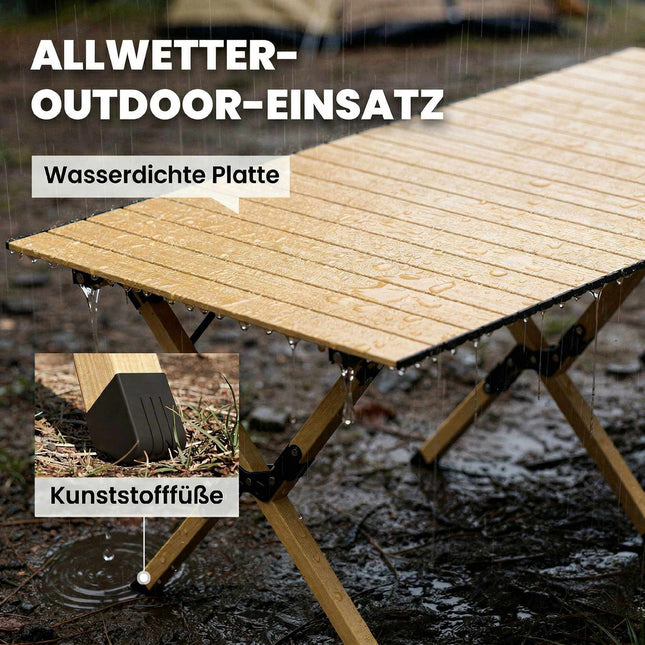 Aluminum Folding Camping Table, 117x60 cm, Roll-Up Wood Look