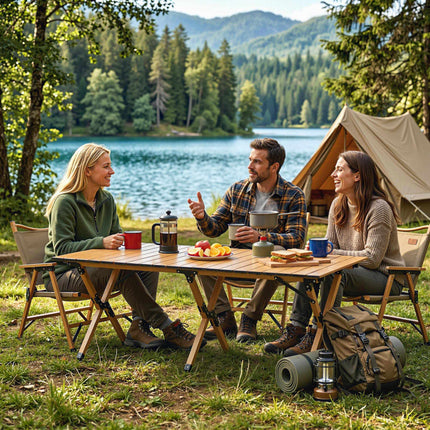 Aluminum Folding Camping Table, 117x60 cm, Roll-Up Wood Look