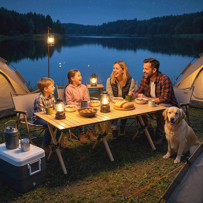 Aluminum Folding Camping Table, 117x60 cm, Roll-Up Wood Look