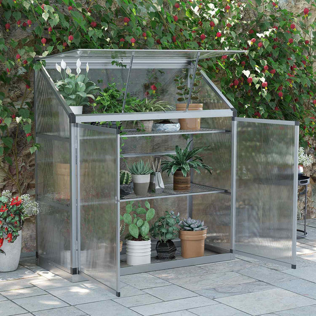 Aluminum greenhouse with foundation, 3-level cold frame