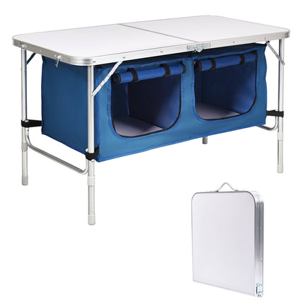 Aluminum folding camping table, 2 heights, large storage space