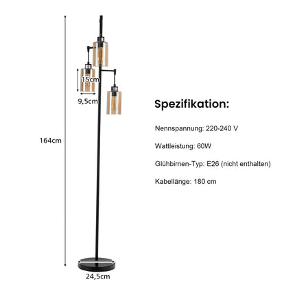 Amber Glass Floor Lamp, 3 Shades, Foot Switch, Metal Base