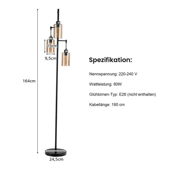 Amber Glass Floor Lamp, 3 Shades, Foot Switch, Metal Base