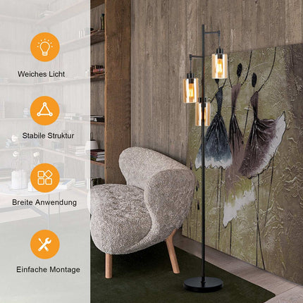 Amber Glass Floor Lamp, 3 Shades, Foot Switch, Metal Base