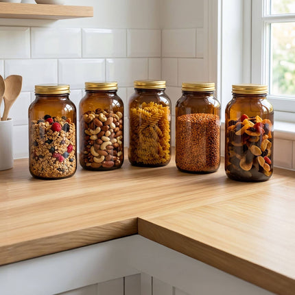 Amber Glass Jars, 250ml, Set of 5, Airtight Lids