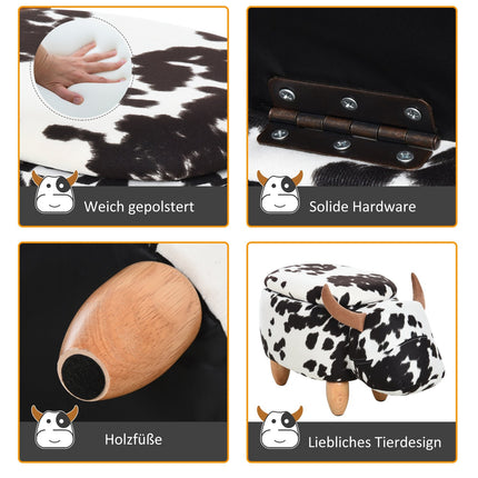 Animal stool with storage, stuffed pig design, black/white