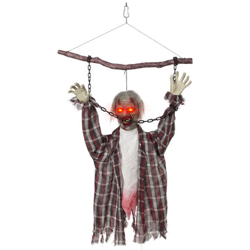 Animated Hanging Zombie Halloween Decor, 110 cm, Red LED Eyes