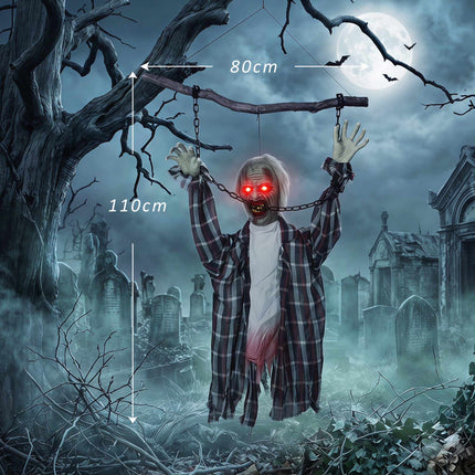 Animated Hanging Zombie Halloween Decor, 110 cm, Red LED Eyes