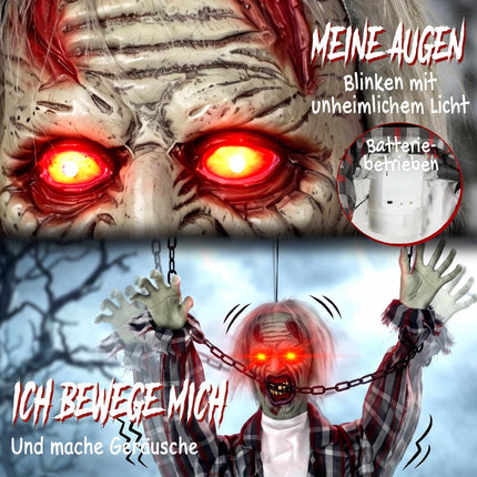 Animated Hanging Zombie Halloween Decor, 110 cm, Red LED Eyes