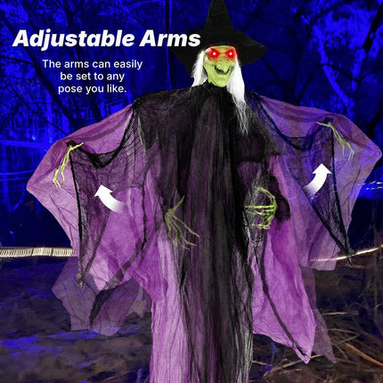 Animated Standing Witch 7.2 ft with Red Glowing Eyes, Purple, Sound Activated