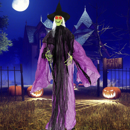 Animated Standing Witch 7.2 ft with Red Glowing Eyes, Purple, Sound Activated