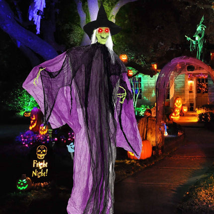 Animated Standing Witch 7.2 ft with Red Glowing Eyes, Purple, Sound Activated