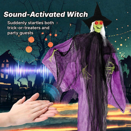 Animated Standing Witch 7.2 ft with Red Glowing Eyes, Purple, Sound Activated