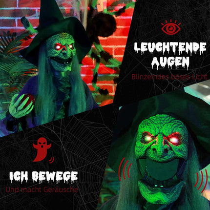Animated Witch Halloween Decoration, 180 cm, Red Eyes