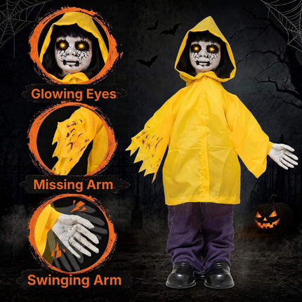 Animatronic Haunted Boy with Light-Up Eyes and Creepy Sounds, Yellow