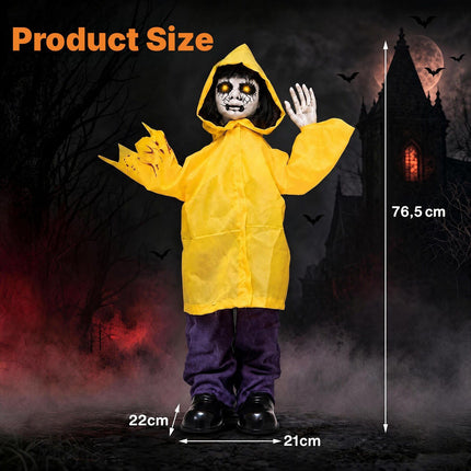 Animatronic Haunted Boy with Light-Up Eyes and Creepy Sounds, Yellow