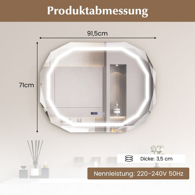 Anti-fog bathroom mirror with 3-color LED light & memory function & time & temperature reading