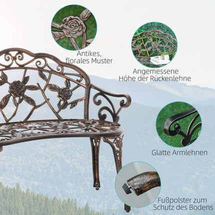 Antique Design Metal Garden Bench, Bronze, 2-Seater