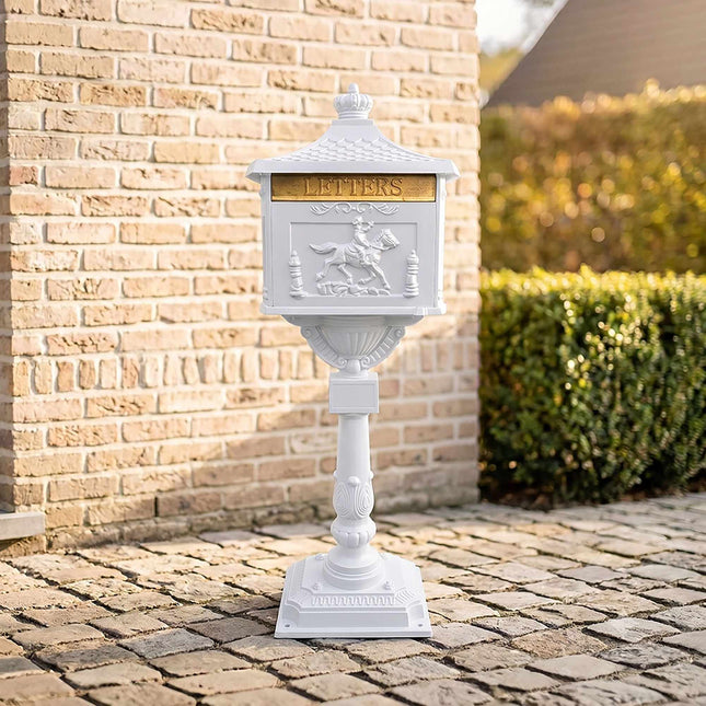 Antique White Freestanding Column Letterbox, Rustproof Aluminium