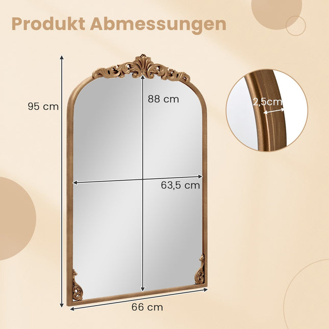 Arched Baroque Wall Mirror, Gold Metal Frame, 95x66 cm