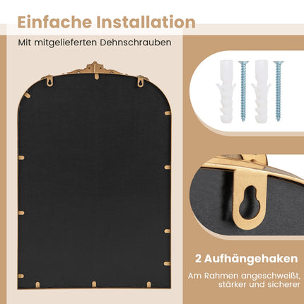 Arched Baroque Wall Mirror, Gold Metal Frame, 95x66 cm