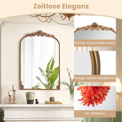 Arched Baroque Wall Mirror, Gold Metal Frame, 95x66 cm