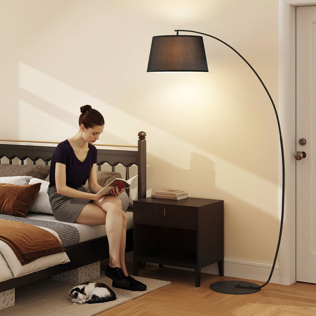 Modern metal arc floor lamp with black linen shade
