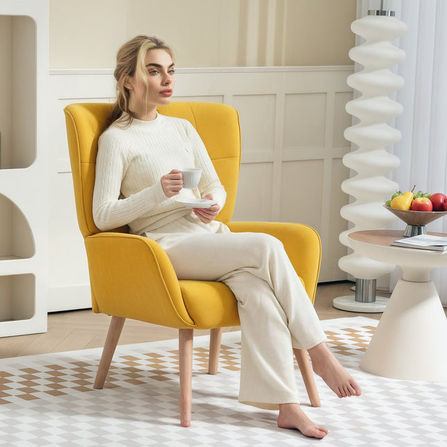 Fauteuil Woonkamer Loungestoel Ontspanningsstoel met Houten Poten Leesstoel met Fluweellook Gestoffeerde Stoel voor Slaapkamer Geel