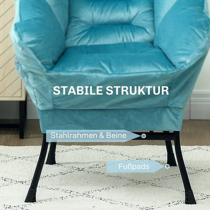 Velvet Lounge Chair, Upholstered with Side Pocket - Blue