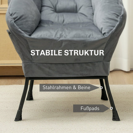 Gray Velvet Lounge Chair with side pocket and steel legs