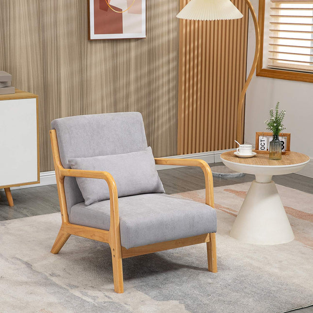 Fauteuil Loungestoel met armleuning, lendenkussen, gewatteerde relaxstoel met houten frame, fluwelen look, S-veer, voor slaapkamer, woonkamer, grijs