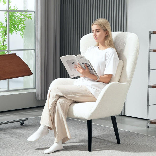 Fauteuil Loungestoel met lendenkussen, gevoerde teddyfauteuil met houten poten, diamantgetufte rugleuning, ontspanningsstoel voor woonkamer, slaapkamer, wit