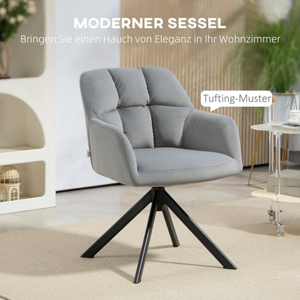 Gray swivel armchair, velvet fabric, metal legs, living room