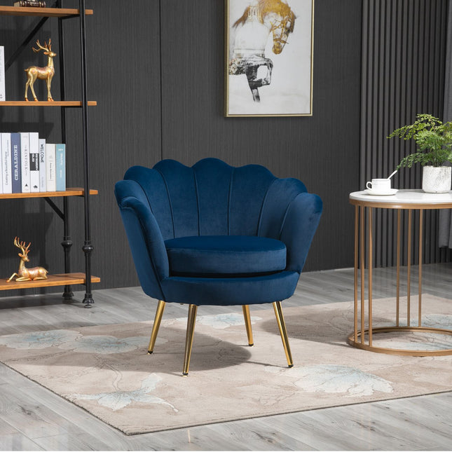 Fauteuil Gestoffeerde Fauteuil in Schelpvorm Ontspanningsstoel met Metalen Poten Kapstoel met Fluweellook voor Slaapkamer Woonkamer Blauw Aosom