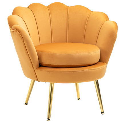 Upholstered shell-shaped armchair with metal legs, yellow