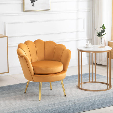 Upholstered shell-shaped armchair with metal legs, yellow